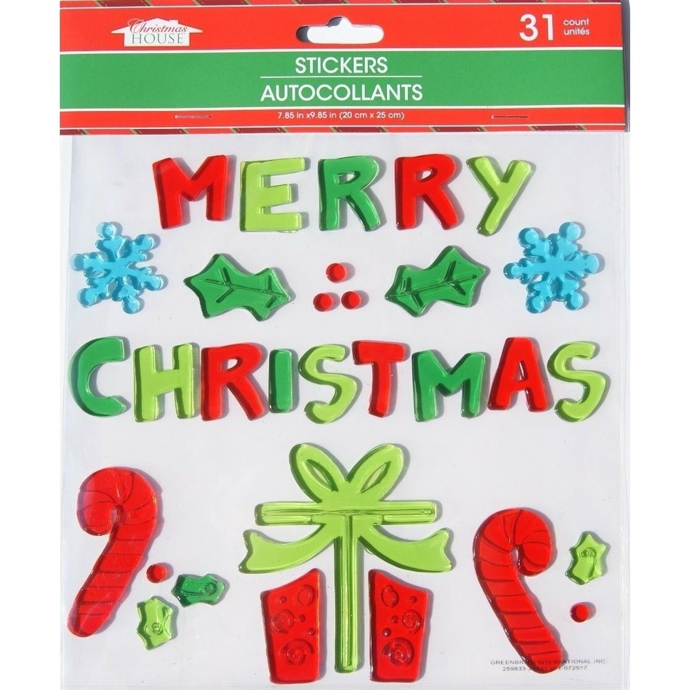 NEW Merry Christmas window Gel Clings 31 pcs presents candy canes Decorations!